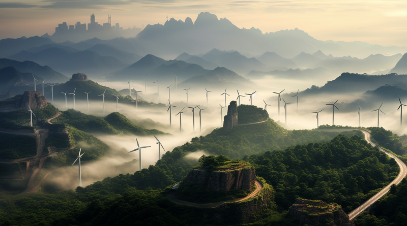 Midjourney generated image of the country of China covered with wind turbines and solar panels