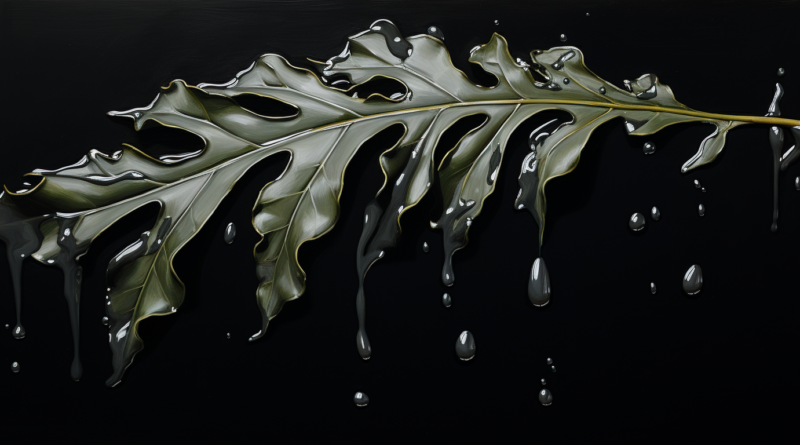 Midjourney generated image of a figleaf dripping black oil