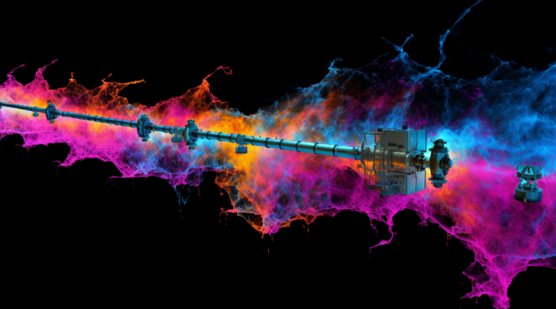 Midjourney generated image of leaking methane from a natural gas pipeline, hyperspectral imaging